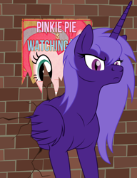 Size: 1270x1655 | Tagged: safe, artist:grypher, pinkie pie, oc, oc:violet gale, alicorn, pony, fallout equestria, g4, artificial alicorn, grumpy, looking at you, poster, purple alicorn (fo:e), solo, stuck, vector, wall