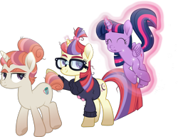 Size: 5832x4476 | Tagged: safe, artist:php178, moondancer, morning roast, twilight sparkle, alicorn, pony, unicorn, amending fences, g4, .svg available, ^^, absurd resolution, adorable face, bushy brows, button, c:, clothes, curly mane, curly tail, cute, cute face, cute smile, cuteness overload, daaaaaaaaaaaw, dancerbetes, description is relevant, excited, excitement, eyes closed, female, folded wings, forelock, glasses, glowing, glowing horn, hair beads, hair bun, happiness, happy, happy ending, headcanon, headcanon in the description, hoof heart, horn, inkscape, kissy face, levitation, lidded eyes, looking back, looking up, magic, magic aura, mare, messy hair, messy mane, messy tail, moon, movie accurate, multicolored mane, multicolored tail, purple eyes, pursed lips, raised hoof, self-levitation, siblings, simple background, sisters, smiling, sparkles, stars, striped mane, striped tail, strut, svg, sweater, sweet dreams fuel, tail, tail bun, telekinesis, thick eyebrows, transparent background, trio, trio female, trotting, twiabetes, twilight sparkle (alicorn), underhoof, vector, walking, weapons-grade cute, whistling, windswept tail, wings