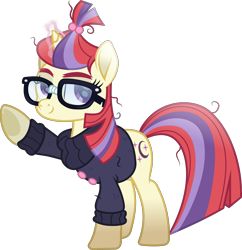 Size: 3620x3747 | Tagged: safe, artist:php178, derpibooru exclusive, part of a set, moondancer, pony, unicorn, amending fences, g4, .svg available, bushy brows, button, clothes, cute, dancerbetes, glasses, glowing, glowing horn, hair beads, happy, high res, horn, inkscape, lidded eyes, looking back, looking up, magic, magic aura, messy hair, messy mane, messy tail, moon, movie accurate, multicolored mane, multicolored tail, part of a series, purple eyes, raised hoof, simple background, smiling, stars, striped mane, striped tail, svg, sweater, tail, thick eyebrows, transparent background, vector