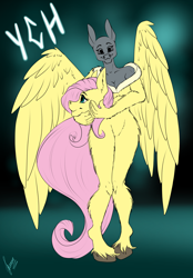 Size: 1640x2360 | Tagged: safe, artist:stirren, fluttershy, pegasus, anthro, unguligrade anthro, g4, clothes, commission, cosplay, costume, disembodied head, fursuit, partially undressed, peace sign, ponysuit, pose, spread wings, wings, your character here