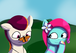 Size: 2000x1400 | Tagged: safe, artist:php176, jazz hooves, rocky riff, butterfly, earth pony, pegasus, pony, g5, cute, duo, duo male and female, female, flower, flower in hair, hoof over mouth, hoof polish, jazzibetes, jewelry, lineless, looking at someone, looking at something, male, mare, necklace, one ear down, rockybetes, shipping fuel, smiling, smirk, stallion