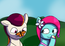 Size: 2000x1400 | Tagged: safe, alternate version, artist:php176, jazz hooves, rocky riff, butterfly, earth pony, pegasus, pony, g5, cute, duo, duo male and female, female, flower, flower in hair, hoof over mouth, hoof polish, jazzibetes, jewelry, looking at someone, looking at something, male, mare, necklace, one ear down, rockybetes, shipping fuel, smiling, smirk, stallion