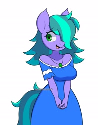 Size: 1800x2300 | Tagged: safe, artist:handgunboi, oc, oc:cyanette, earth pony, anthro, clothes, commission, dress, female, hair over one eye, jewelry, necklace, simple background, solo, white background