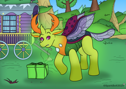 Size: 2283x1614 | Tagged: safe, artist:sparkbolt3020, thorax, changedling, changeling, g4, commission, king thorax, present, story in the source, transformation, transformation sequence, trixie's wagon, wagon