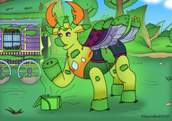Size: 2283x1614 | Tagged: safe, artist:sparkbolt3020, thorax, changedling, changeling, g4, king thorax, transformation, transformation sequence, trixie's wagon, wagon