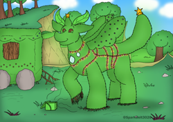 Size: 2283x1614 | Tagged: safe, artist:sparkbolt3020, thorax, changedling, changeling, g4, commission, decoration, king thorax, present, stars, transformation, transformation sequence, trixie's wagon, wagon