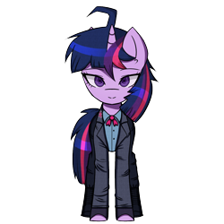 Size: 1000x1000 | Tagged: safe, artist:menalia, twilight sparkle, pony, unicorn, g4, ahoge, boots, bowtie, clothes, danganronpa, fingerless gloves, gloves, horn, pants, shirt, shoes, simple background, solo, style emulation, suit, transparent background, unicorn twilight