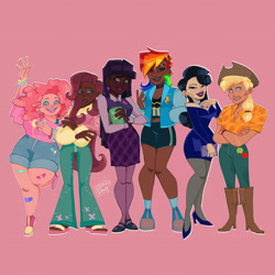 Size: 1600x1600 | Tagged: safe, artist:asavvyzavvy, applejack, fluttershy, pinkie pie, rainbow dash, rarity, twilight sparkle, human, g4, abstract background, bandage, boots, clothes, converse, cowboy boots, crossed arms, cutie mark on clothes, dark skin, dress, eyeroll, female, group, high heel boots, humanized, jacket, light skin, looking at each other, looking at someone, looking at you, mane six, pink background, sandals, shoes, shorts, simple background, skirt, sweater vest, tan skin, varsity jacket