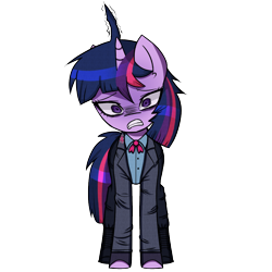 Size: 1000x1000 | Tagged: safe, alternate version, artist:menalia, twilight sparkle, pony, unicorn, g4, ahoge, boots, bowtie, clothes, danganronpa, fingerless gloves, gloves, horn, pants, scared, shirt, shoes, simple background, solo, style emulation, suit, transparent background, unicorn twilight