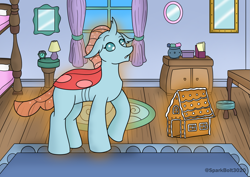 Size: 2283x1614 | Tagged: safe, artist:sparkbolt3020, ocellus, changedling, changeling, g4, bed, bedroom, gingerbread (food), gingerbread house, lamp, stool, story in the source, transformation, transformation sequence, wagon