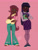 Size: 1536x2048 | Tagged: safe, artist:asavvyzavvy, fluttershy, twilight sparkle, human, g4, abstract background, clothes, cutie mark on clothes, dark skin, duo, duo female, female, humanized, looking at each other, looking at someone, pink background, sandals, shoes, simple background, skirt, sweater vest, tan skin