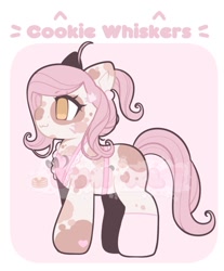Size: 851x1026 | Tagged: safe, artist:bunxl, oc, oc only, oc:cookie whiskers, earth pony, pony, :3, abstract background, adoptable, ahoge, apron, clothes, coat markings, female, ponytail, socks, solo, text, watermark