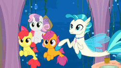 Size: 1280x720 | Tagged: safe, edit, edited screencap, screencap, apple bloom, scootaloo, sweetie belle, terramar, earth pony, pegasus, pony, seapony (g4), unicorn, g4, season 8, surf and/or turf, animated, belly button, bubble, cup, cute, cutie mark crusaders, dorsal fin, female, filly, fin wings, fins, fish tail, flowing mane, flowing tail, foal, gif, happy, jewelry, male, necklace, ocean, open mouth, pearl, pearl necklace, sea-mcs, seaponified, seapony apple bloom, seapony scootaloo, seapony sweetie belle, seaquestria, seaweed, smiling, species swap, swimming, table, tail, underwater, water, wings