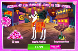 Size: 1961x1298 | Tagged: safe, gameloft, zhong ma, earth pony, pony, g4, my little pony: magic princess, advertisement, bush, clothes, cloven hooves, costs real money, dragonsneeze, english, gem, introduction card, lunar new year, male, mobile game, numbers, sale, solo, stallion, text, tree
