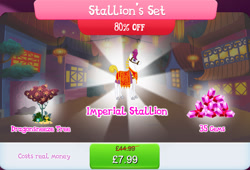 Size: 1266x860 | Tagged: safe, gameloft, zhong ma, earth pony, pony, g4, my little pony: magic princess, bundle, bush, clothes, cloven hooves, costs real money, dragonsneeze, english, gem, lunar new year, male, mobile game, numbers, sale, solo, stallion, text, tree
