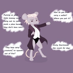 Size: 1200x1200 | Tagged: safe, artist:pony quarantine, zesty gourmand, mouse, anthro, digitigrade anthro, g4, clothes, coat, female, looking at you, mousified, purple background, simple background, solo, species swap, text