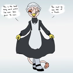 Size: 1200x1200 | Tagged: safe, artist:pony quarantine, oc, oc only, oc:whore birb, griffon, bipedal, cap, clothes, curtsey, dialogue, dress, eye clipping through hair, female, gradient background, griffon oc, hat, looking at you, maid, solo, speech bubble, talking to viewer