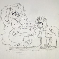 Size: 720x712 | Tagged: safe, artist:abble green, oc, oc only, oc:abble green, oc:sagiri himoto, pony, unicorn, clothes, duo, glowing, glowing horn, horn, magic, monochrome, sweater, telekinesis, traditional art