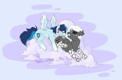 Size: 2676x1771 | Tagged: safe, artist:luna_mcboss, oc, oc only, oc:double stuff, oc:fast horse, pegasus, pony, big eyes, biting, blue coat, butt bite, chest fluff, cloud, coat markings, crying, duo, folded wings, glasses, gray coat, male and female, mottled coat, on a cloud, pegasus oc, pink eyes, pony oc, purple background, screaming, simple background, socks (coat markings), spread wings, standing on a cloud, tears of pain, teary eyes, white hair, wings