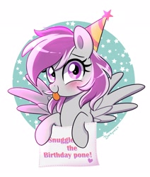 Size: 2200x2600 | Tagged: safe, artist:darkynez, oc, oc only, pony, birthday, blushing, happy, hat, high res, looking at you, party hat, raspberry, sign, smiling, solo, spread wings, tongue out, wings