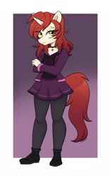 Size: 2000x3200 | Tagged: safe, artist:darkynez, oc, oc only, unicorn, anthro, plantigrade anthro, boots, clothes, collar, crossed arms, eye clipping through hair, eyebrows, eyebrows visible through hair, high res, jacket, leggings, lidded eyes, looking at you, shoes, skirt, solo
