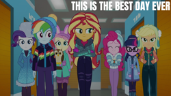 Size: 1920x1080 | Tagged: safe, edit, edited screencap, editor:quoterific, screencap, applejack, fluttershy, pinkie pie, rainbow dash, rarity, sci-twi, sunset shimmer, twilight sparkle, bird, human, owl, equestria girls, equestria girls specials, g4, my little pony equestria girls: better together, my little pony equestria girls: holidays unwrapped, winter break-in, humane five, humane seven, humane six