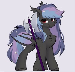 Size: 1320x1280 | Tagged: safe, artist:little-sketches, oc, oc only, oc:stellar wind, bat pony, pony, bat pony oc, eyes open, female, halberd, lidded eyes, looking at you, red eyes, simple background, smiling, smirk, solo, weapon, wing hold, wings