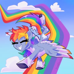 Size: 2048x2048 | Tagged: safe, artist:plushtrapez, rainbow dash, pegasus, pony, g4, cloud, coat markings, colored wings, colored wingtips, eyes closed, female, flying, grin, high res, hoof fluff, mare, rainbow, redesign, signature, sky, smiling, solo, spread wings, wings
