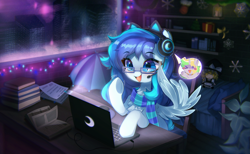Size: 2793x1716 | Tagged: safe, artist:astralblues, oc, oc only, pegasus, pony, bed, book, bookshelf, city, clothes, computer, female, glasses, headphones, high res, laptop computer, mare, open book, pegasus oc, room, scarf, solo, string lights, striped scarf, window