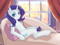 Size: 1000x750 | Tagged: safe, ai assisted, ai content, artist:lucid_dreams._., rarity, pony, unicorn, semi-anthro, g4, arm hooves, chest fluff, couch, female, fluffy, looking at you, mare, pillow, sitting, solo, window