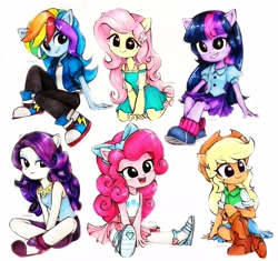 Size: 3170x2975 | Tagged: safe, artist:liaaqila, part of a set, applejack, fluttershy, pinkie pie, rainbow dash, rarity, twilight sparkle, human, equestria girls, g4, my little pony equestria girls: better together, big eyes, boots, butterfly hairpin, chibi, clothes, converse, cowboy boots, cowboy hat, cute, dashabetes, diapinkes, equestria girls minis, eye clipping through hair, eyebrows, eyebrows visible through hair, female, fluttershy boho dress, hat, high res, humane five, humane six, humanized, jackabetes, kneeling, open mouth, pony ears, raribetes, rarity peplum dress, shoes, shyabetes, signature, simple background, sitting, smiling, starry eyes, toy interpretation, traditional art, watercolor painting, white background, wingding eyes