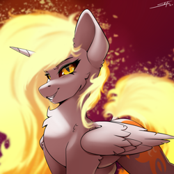 Size: 2500x2500 | Tagged: safe, artist:skitsroom, daybreaker, alicorn, pony, g4, cheek fluff, chest fluff, female, fire, folded wings, grin, high res, horn, looking at you, mare, signature, smiling, solo, wings