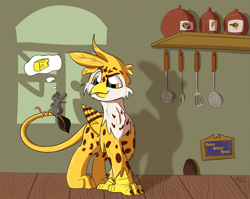 Size: 2293x1826 | Tagged: safe, artist:agent-diego, oc, oc only, oc:beaky, griffon, mouse, fanfic:yellow feathers, looking at each other, looking at someone, mouse hole, pot, sign, tail, tail wrap