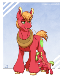 Size: 890x1071 | Tagged: safe, artist:inuhoshi-to-darkpen, big macintosh, oc, oc:melrose, earth pony, pony, g4, cheek fluff, ear fluff, eyes closed, father and child, father and daughter, female, filly, foal, freckles, headbutt, leg fluff, male, stallion
