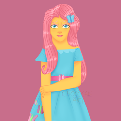 Size: 800x800 | Tagged: safe, artist:maiadrawing, fluttershy, human, equestria girls, g4, clothes, dress, female, pink background, simple background, solo