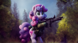 Size: 2560x1424 | Tagged: safe, ai assisted, ai content, sweetie belle, pony, unicorn, g4, bipedal, clothes, forest, gun, hind legs, military uniform, outdoors, solo, uniform, wallpaper, weapon