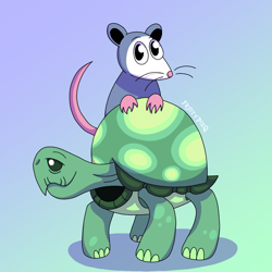 Size: 1000x1000 | Tagged: safe, artist:fruiitypieq, artist:shycookieq, tank, tiberius, opossum, tortoise, g4, duo, gradient background, male