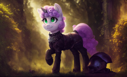 Size: 2816x1728 | Tagged: safe, ai assisted, ai content, sweetie belle, pony, unicorn, g4, armor, armored pony, forest, green eyes, leather, leather armor, solo, volumetric light, wallpaper