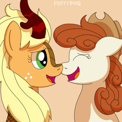 Size: 1000x1000 | Tagged: safe, artist:fruiitypieq, artist:shycookieq, applejack, autumn blaze, earth pony, kirin, pony, g4, accessory swap, autumnjack, awwtumn blaze, cowboy hat, cute, duo, eyes closed, female, floppy ears, hat, jackabetes, kirin applejack, kirin-ified, lesbian, nose to nose, nuzzling, open mouth, open smile, ponified, redhead, role reversal, shipping, shipping fuel, simple background, smiling, species swap, stetson