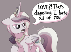 Size: 1471x1080 | Tagged: safe, artist:fruiitypieq, artist:shycookieq, princess cadance, alicorn, pony, g4, discorded, female, mare, simple background, solo, speech bubble