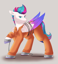 Size: 2672x2949 | Tagged: safe, artist:mantequiademani, zipp storm, pegasus, pony, g5, bound wings, chained, chains, clothes, cuffs, grumpy, high res, jumpsuit, never doubt rainbowdash69's involvement, prison outfit, prisoner, prisoner zipp, shackles, solo, wings