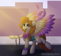 Size: 3072x2816 | Tagged: safe, artist:darbedarmoc, oc, pegasus, pony, bag, bracelet, city, clothes, high res, jewelry, looking at you, scarf, solo