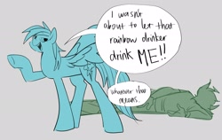 Size: 1899x1200 | Tagged: safe, artist:ecstasydemon, rainbow dash, human, pegasus, pony, g4, female, gray background, rainbow drinker, simple background, speech bubble, troll (homestuck)