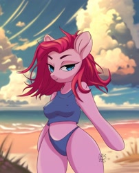 Size: 2840x3508 | Tagged: safe, artist:sindyedie, pinkie pie, earth pony, anthro, g4, beach, breasts, cloud, equine, female, high res, mare, solo