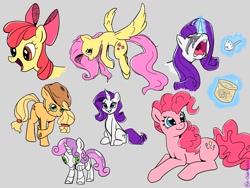 Size: 1200x900 | Tagged: safe, artist:qweakster, apple bloom, applejack, fluttershy, pinkie pie, rarity, sweetie belle, earth pony, pony, robot, robot pony, unicorn, g4, crying, female, food, gray background, ice cream, simple background, sweetie bot