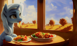 Size: 2058x1246 | Tagged: safe, ai assisted, ai content, prompter:saphkey, trixie, pony, unicorn, g4, dinner, eating, food, herbivore, pasta, sitting at table, solo, spaghetti, table, wallpaper, window