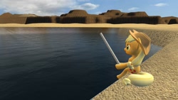 Size: 1920x1080 | Tagged: safe, artist:charismatic pony, applejack, earth pony, pony, g4, 3d, applejack's hat, blue sky, cloud, cowboy hat, female, fishing, gmod, hat, lake, mountain, rod, sand, sitting, solo, water