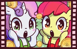 Size: 1005x637 | Tagged: safe, artist:fipoki, apple bloom, sweetie belle, earth pony, pony, unicorn, g4, blushing, coin, female, filly, film reel, foal, hooves on cheeks, looking at you, open mouth