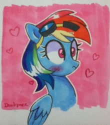 Size: 562x639 | Tagged: safe, artist:darkynez, rainbow dash, pegasus, pony, g4, blushing, goggles, heart, marker drawing, solo, traditional art, wavy mouth, wide eyes