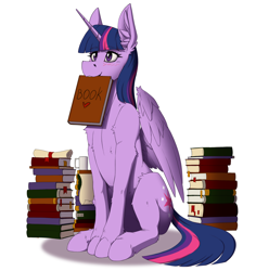 Size: 2540x2688 | Tagged: safe, artist:twotail813, twilight sparkle, alicorn, pony, g4, blushing, book, bookhorse, female, high res, horn, mare, mouth hold, scroll, simple background, sitting, smiling, solo, that pony sure does love books, twilight sparkle (alicorn), white background, wings